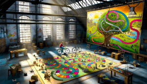 Ein großes Atelier eines Kunstmalers. An der Wand hängt ein Monumentalbild eines Baumes. ein großes Bild wie ein Würfelbild mit Feldern zum Setzen.