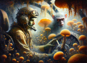 Ein Pilot im Dschungel sitzt in einem Cockpit, das von seltsamen Pilzen überwuchert ist. Er versucht sich auf dem Bedienfeld zurechtzufinden.