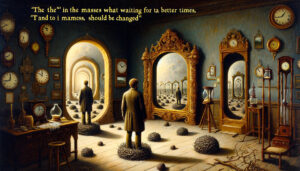 Ein Mann steht in einem geheimnisvollen Raum voller alter Wanduhren, Spiegel und Zeitanzeigen. Überall auf dem Holzboden liegen schwarze, dornige Kugeln. In einem großen goldenen Spiegel sieht man unendlich viele Spiegelungen des Mannes, der in eine hell erleuchtete Welt voller Tore blickt. An der Wand hängt ein wirrer englischer Satz in gelber Schrift. Die Szene wirkt surreal, introspektiv und träumerisch.