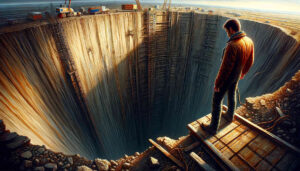 Ein Mann steht dicht vor einem tiefen Abgrund und blickt entspannt hinunter.