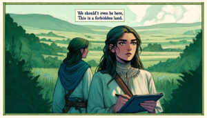 Zwei junge Frauen betrachten eine grüne Landschaft und machen sich Notizen.