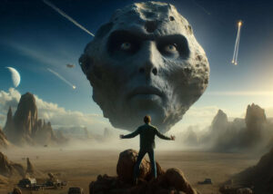 Ein Mann steht auf einem Felsen. Direkt vor ihm in der Luft schwebt ein Asteroid mit einem Gesicht.