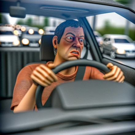 Ein gestresster Autofahrer hinter dem Lenkrad im Straßenverkehr.