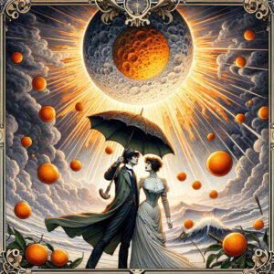 Eine Frau und ein Mann mit Regenschirm machen einen Spaziergang mit unter einem Himmel, aus dem es Orangen regnet.