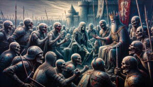 Ein König auf seinem Thron, umringt von seinen Rittern, die jedoch alle sehr tot aussehen.