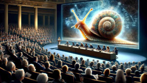 Der Kongress einer Organisation in einem Hörsaal. Hinter den Vorsitzen eine große Leinwand auf der eine Weinbergschnecke zu sehen ist.