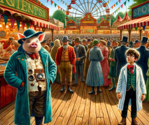 Auf einem Jahrmarkt: Ein Mann mit einem Schweinegesicht steht demonstrativ vor einer dichtgedrängten Menschenmasse.