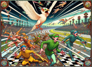 Eine farbige Radierung im Jugendstil: Auf einer Rennbahn laufen elfenähnliche Menschen mit verbunden Augen auf ein Ziel zu. Ein großer, seltsamer Vogel schwebt über ihnen.