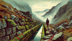 Ein Mann geht in einer bergigen Landschaft neben einem langen Wasser-Kanal entlang.