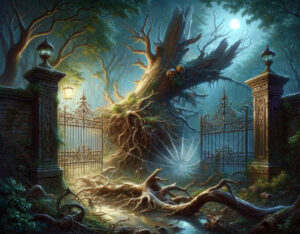 Auf einem verwahrlosten Grundstück liegt ein umgestürzter Bauch über dem Gitter-Tor.