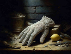 Ein Handschuh aus leichtem und luftigem Stoff, liegt in einer Ecke, zusammen mit etwas Schutt, einer Zitrone und anderen Dingen.