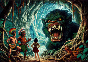 Im Dschungel stehen in einem Höhleneingang entspannt zwei Indiander und ein Mädchen und lachen. Vor dem Höhleneingang steht ein riesiges Affenmonster und versucht die 3 zu erschrecken.