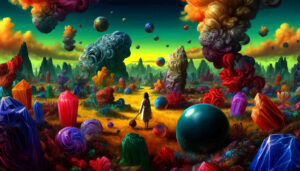 Eine junge Frau geht durch eine knall-bunte Landschaft mit seltsamen Gebilden, wie große bunte Kristalle.