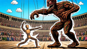Eine Arena mit Publikum: Eine Marionette aus Holz kämpft gegen ein riesiges Monster.