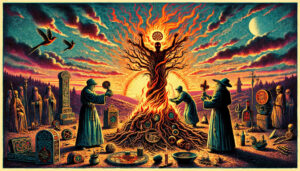 Ein Scheiterhaufen-Feuer. Männer mit religiösen Gegenständen stehen drumherum. Im Feuer scheint sich eine menschliche Gestalt zu befinden. Viele mystische Symbole.