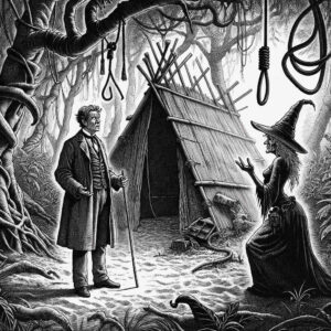 Ein vielleicht blinder Mann steht in einem Wald vor einer Hexe. Daneben steht ein einfaches Zelt. Von den Bäumen hängen Stricke herab.