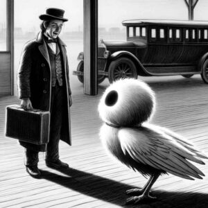 Ein Mann steht vor einem großen Vogel, der keinen Schnabel hat.