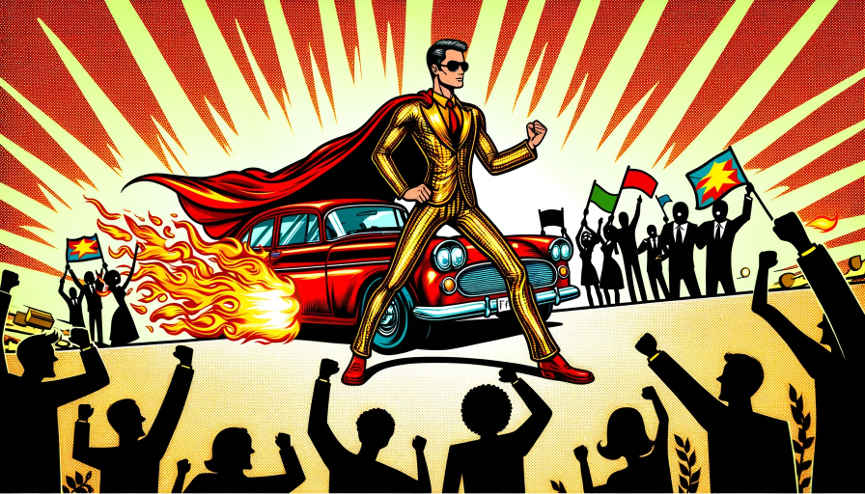 Ein Mann in einem Superheldenkostürm steht herausfordernd vor einem brennenden Auto. Drumherum stehend jubelnde Leute.
