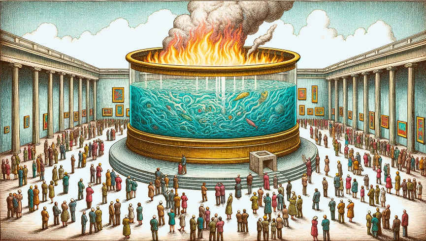 In kleinen Gruppen und einzeln stehen Menschen um ein großes, rundes und brennendes Aquarium auf einem Markplatz herum.