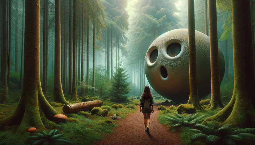 Eine Frau geht in einem Wald spazieren. Am Wegesrand liegt eine 5 Meter große runde Kugel, die ein Gesicht zu haben scheint.