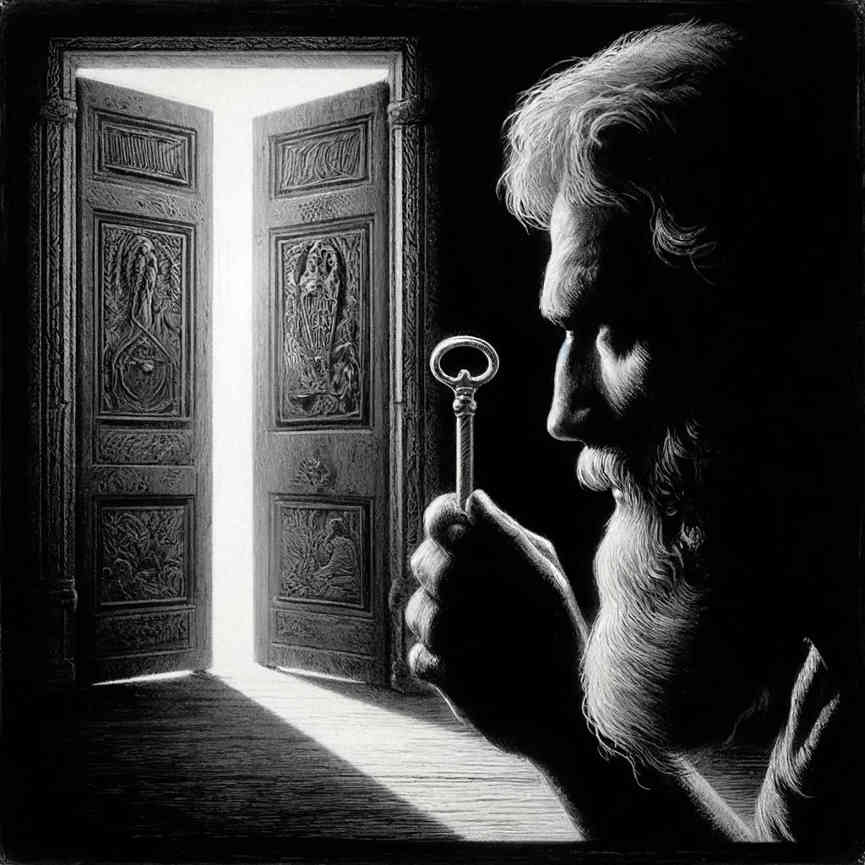 Ein Mann mit einem Schlüssel in der Hand steht in einem dunklen Raum und blickt auf eine halb geöffnete Tür, durch die ein helles Licht scheint.