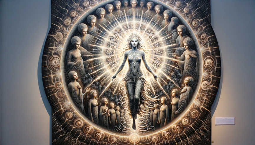 Ein Medaillon ähnlich einem Mandala. Im Kreis angeordnete Frauenköpfe und Oberkörper. In der Mitte schwebt eine Frau, einer Göttin ähnlich, umgeben von einem Strahlenkranz.