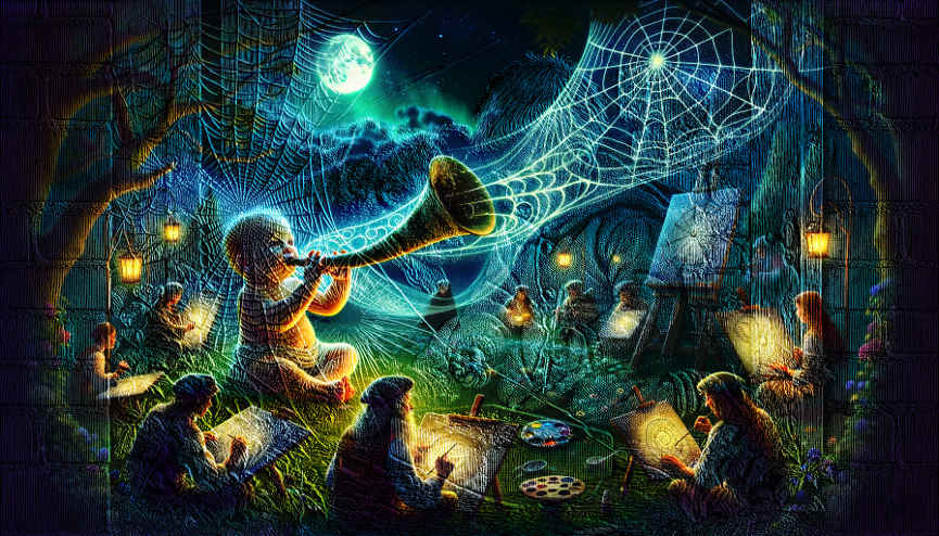 Eine Vollmondnacht. Leute sitzen in einem Kreis und malen Bilder. In ihrer Mitte sitzt ein Riesenbaby und bläst in ein Horn. Die Szene ist wie durch einen Schleier zu sehen und mit Spinnweben überzogen.