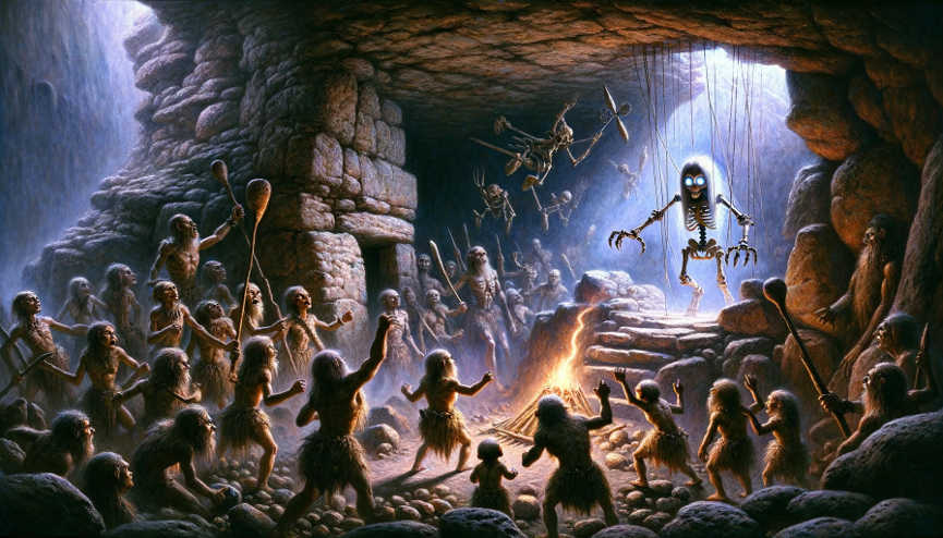 In einer Höhle steht eine aufgebrachte Menge, steinzeitlich gekleideter kleiner Menschen vor einem primitiven Altar. Darauf steht ein Skelett mit leuchtenden Augen, das an Fäden hängt.