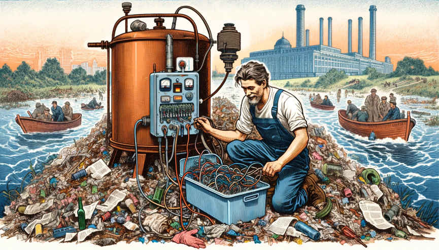 Ein Mann mit einer seltsamen Maschine, wie eine Destille, auf einer kleinen Insel im Wasser aus reinem Müll, umgeben von vollbesetzten Ruderbooten.