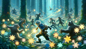 In einem Wald mit leuchtenden Blumen flitzen Fantasie-Gestalten umher.