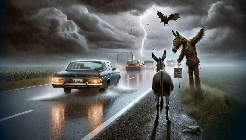 Ein Esel und eine Vogelscheuche mit Pferdekopf stehen an einem Regentag an einer befahrenen Landstraße und scheinen zu trampen.