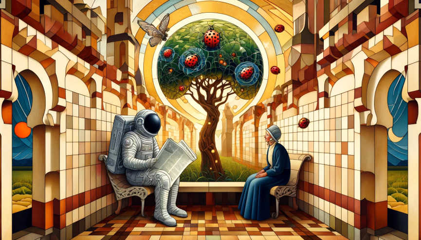 In einem Raum sitzen ein Astronaut im Raumanzug und eine ältere Dame sich gegenüber. Zwischen den beiden steht ein Baum, auf dem Marienkäfer herumkrabbeln. Der Astronaut hält eine Tageszeitung in den Händen.