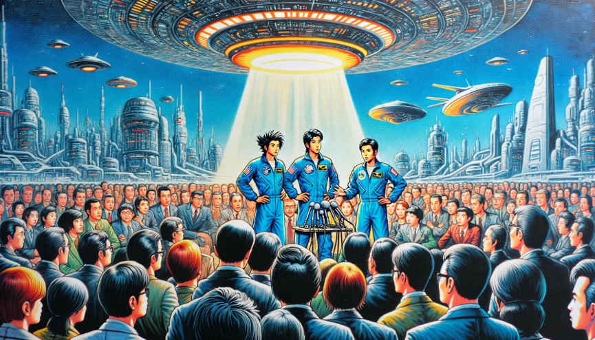 Vor der Kulisse einer futuristischen Metropole stehen drei Astronauten vor mehreren Mikrofonen und werden von vielen Menschen umringt, die auf eine Rede warten. Über den Astronauten und den Leuten schwebt ein scheibenförmiges Raumschiff.