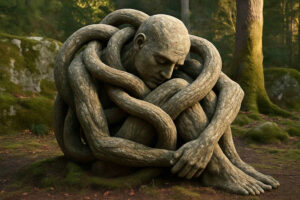 Eine steinerne menschliche Figur sitzt mit gesenktem Kopf, vollständig umschlungen von dicken Wurzeln oder Tentakeln, in einem moosbewachsenen Wald.