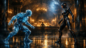 Ein Alien und ein Mensch stehen sich kampfbereit gegenüber.