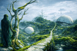 Eine futurische Szene. Halb zerfallene Häuser, überwuchert mit Pflanzen. Eine Landschaft auf der Schrottteile herumliegen.