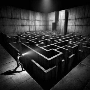 Ein Mann steht in einer düsteren Halle aus Steinwänden. Im Boden vor ihm ist ein steinernes Labyrinth eingefasst. Auf der gegenüberliegenden Seite scheint ein Ausgang zu sein.