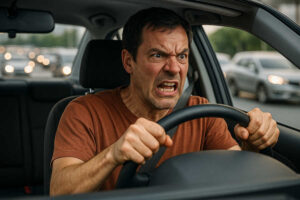 Ein genervter Autofahrer hinter dem Steuer im Straßenverkehr.