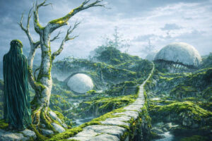 Mystische, überwucherte Landschaft mit moosbedecktem Steinpfad über eine Schlucht bis zum Horizont, einer knorrigen, von Lichtpunkten durchzogenen Baumgestalt im Vordergrund und kuppelförmigen, halb verfallenen Gebäuden in nebeliger, grün überwucherter Umgebung; links steht eine verhüllte, humanoide Gestalt und blickt über die fremdartige Szenerie.