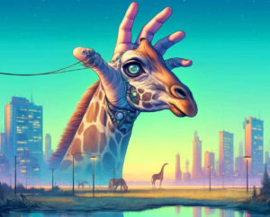Der Hals einer Giraffe, der Kopf verschmolzen mit einer menschlichen Hand, groß wie ein Hochhaus, steht auf einer Wiese.