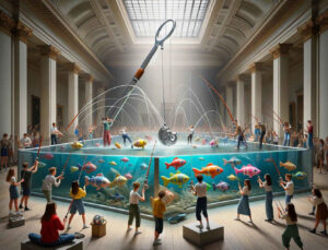 Ein großes Aquarium mit bunten Fischen, das oben offen ist. Drumherum stehen Jugendliche, die mit Angeln in dem Aquarium fischen.