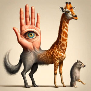 Eine Schimäre aus einer Giraffe, einem unbekannten Huftier und einer riesigen menschlichen Hand mit einem großen Auge in der Handfläche.