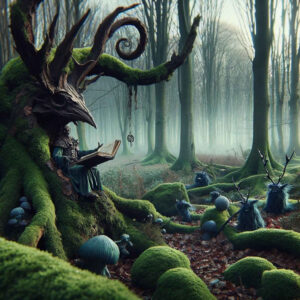 In einem Wald steht ein bizarr verkrüppelter Baum. Aus ihm scheint der versteinerte Schädel eines Dämons herauszuwachsen. Darunter ist eine Mulde, in der eine dämonisch aussehende Gestalt sitzt, mit einem großen Buch auf dem Schoß, aus dem sie vorliest. Auf dem Waldboden vor dem Baum stehen ein paar kleine kugelähnlich aussehende Pelzmonster und scheinen zuzuhören.