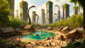 Eine dystopische Welt. Die Menschen leben in schäbigen Holzhütten. Hochhäuser werden von Pflanzen überwuchert. Schlangenähnliche Dinosaurier beherrschen die Welt.