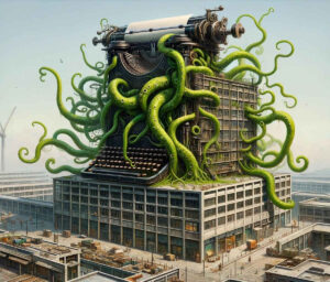 Ein surrealistisches Kunstwerk, das eine gigantische, mechanische Schreibmaschine zeigt, aus der lebendige, grüne Tentakel hervorwachsen. Die Schreibmaschine ist in die Architektur eines modernen Bürogebäudes integriert, während sich die Tentakel um das Gebäude winden. Im Hintergrund erstreckt sich eine städtische Industrielandschaft.