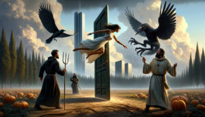 Surreales Gemälde in einer düsteren Landschaft: Eine Frau in einem weißen Kleid schwebt durch eine offene Tür, die frei in der Mitte eines Feldes steht. Zwei große schwarze Raben fliegen um sie herum, einer mit weit geöffneten Flügeln. Links steht ein Mann in einer dunklen Kutte mit einer Mistgabel, rechts ein bärtiger Mann in einer weißen Robe mit einem Kreuzanhänger, beide scheinen überrascht oder besorgt. Im Hintergrund erheben sich moderne Hochhäuser und ein dichter Wald von Zypressen unter einem wolkigen Himmel. Auf dem Boden liegen zahlreiche Kürbisse, die das Feld bedecken.