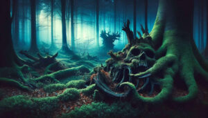 In einem geheimnissvollen Wald steht ein großer Baum. in seinen Wurzeln ist ein riesiger, menschlicher Totenkopf eingewachsen.