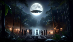 Nachts schwebt ein UFO über einer Waldlichtung im Mondlicht. Auf einer Wiese dadrunter steht eine Gruppe von Menschen und schaut zu dem UFO hinauf.