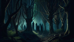 Ein finsterer Wald in dem schattenhafte Gestalten herumstehen und warten.