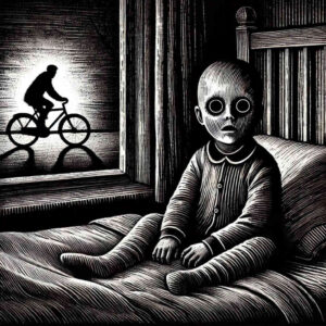 Eine Schwarz-Weiß-Radierung zeigt ein Kind mit übergroßen, leeren Augen, das auf einem Bett sitzt. Draußen fährt ein mysteriöser Mann auf einem Fahrrad, sein Schatten fällt unheilvoll ins Zimmer.
